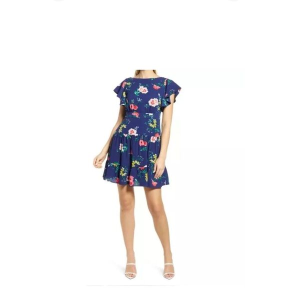 Eliza J Navy Blue Floral Flutter Sleeve Dress with Pockets Womens Size 8 - Picture 10 of 11
